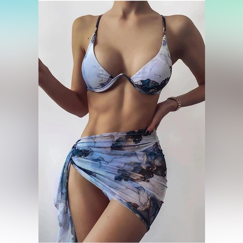 SOLY HUX Women's 3 Piece Tie Dye Bikini Set Swimsuit with Sarong, Medium